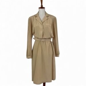 Vintage Long Sleeve Dress Women’s L Tan Henley Button Down Stretch Waist Midi
